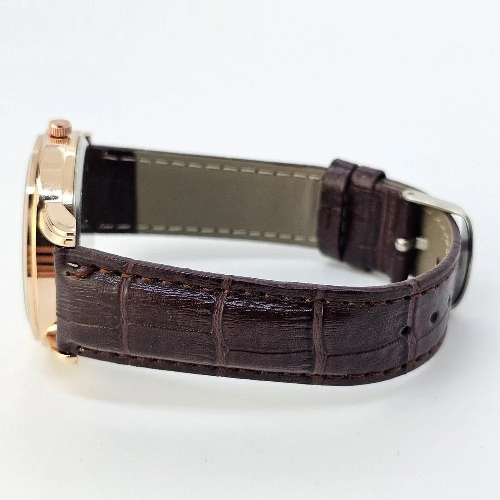 Men's‎ Watch 40MM White Gold Case Dial Brown Leather Bands New Battery